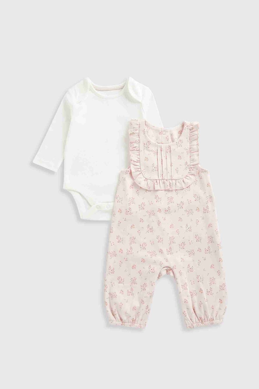MotherCare Pink Bunny Floral 2-Piece Bodysuit Dungaree Outfit Baby Girls 1 Month